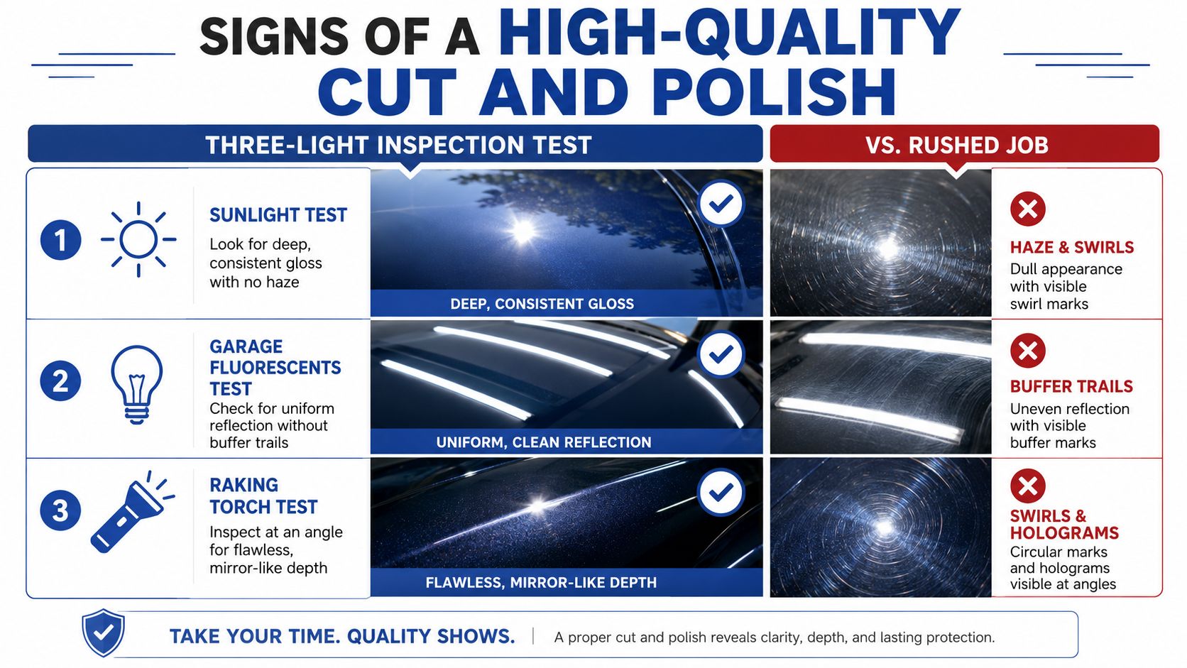 A comparison chart showing how to identify high-quality versus rushed car cut and polish results.