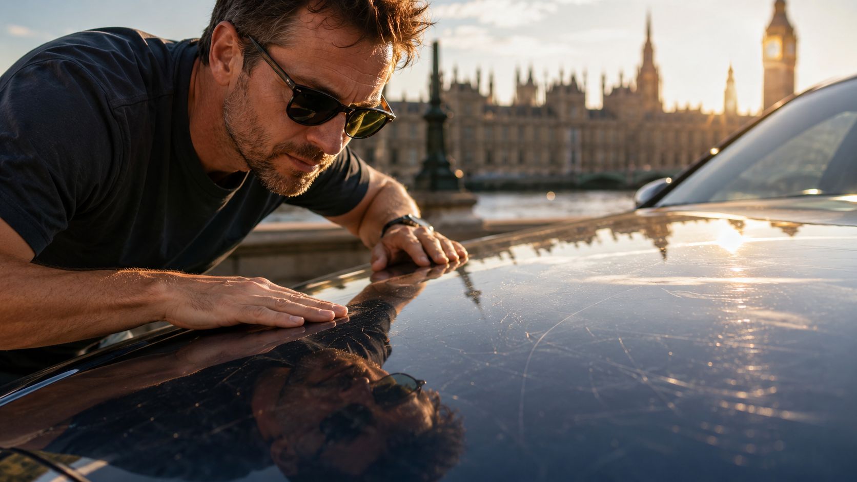 A man wearing sunglasses examines light scratches on the polished hood of a black luxury car outdoors.