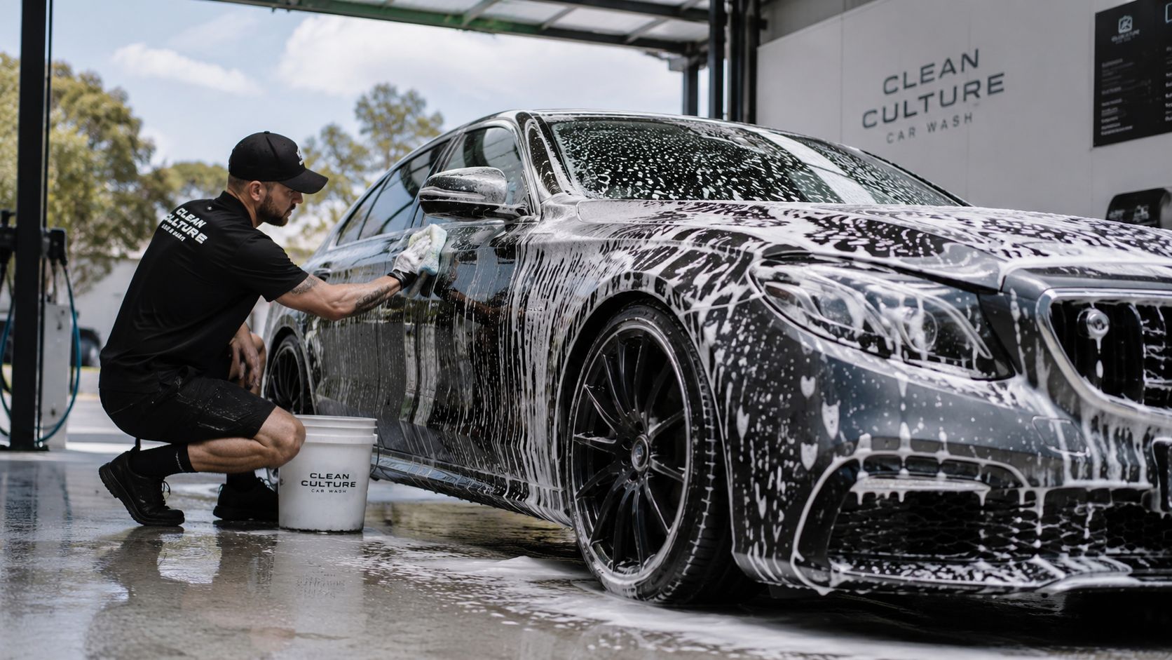 A professional detailer hand washing a black luxury sedan with soap foam at a car wash facility.