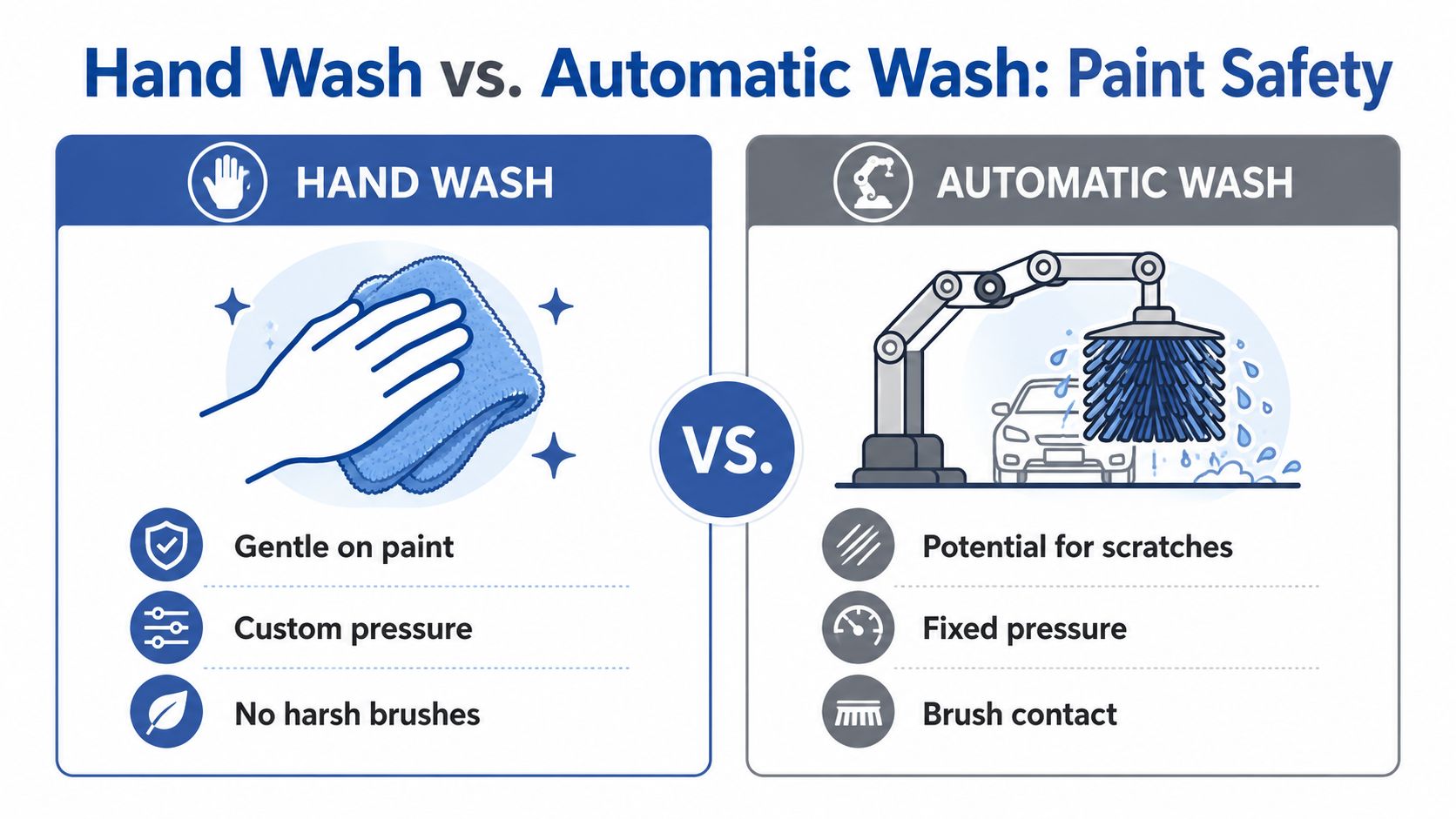 A comparison infographic showing the paint safety benefits of hand washing cars versus using automatic car washes.