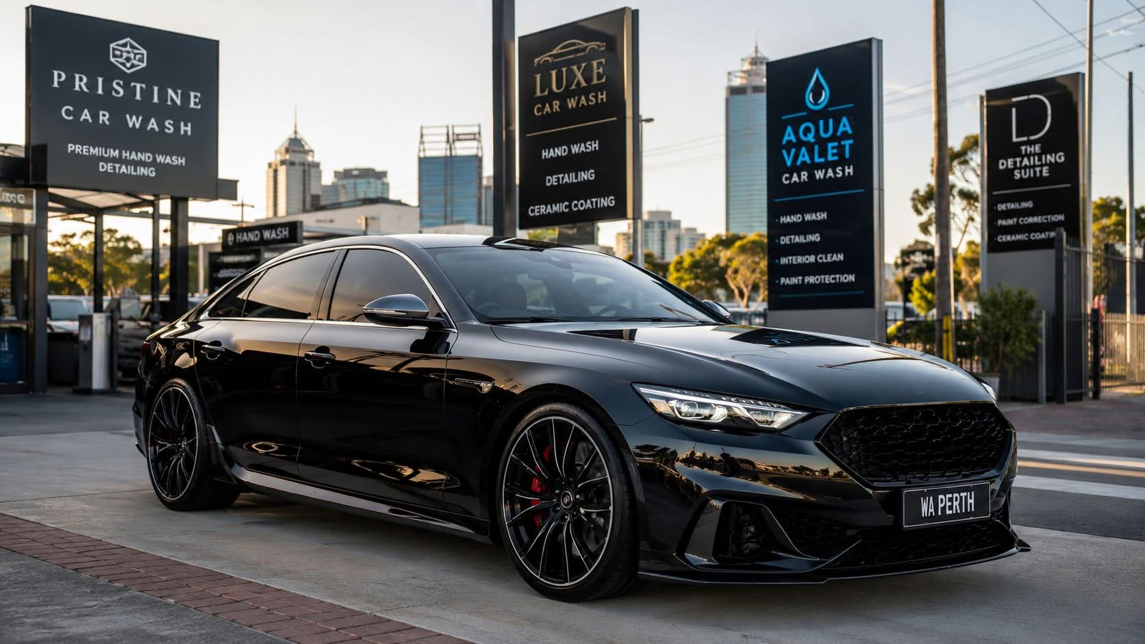 A sleek black sedan parked in front of professional car wash service signs in Perth, Western Australia.