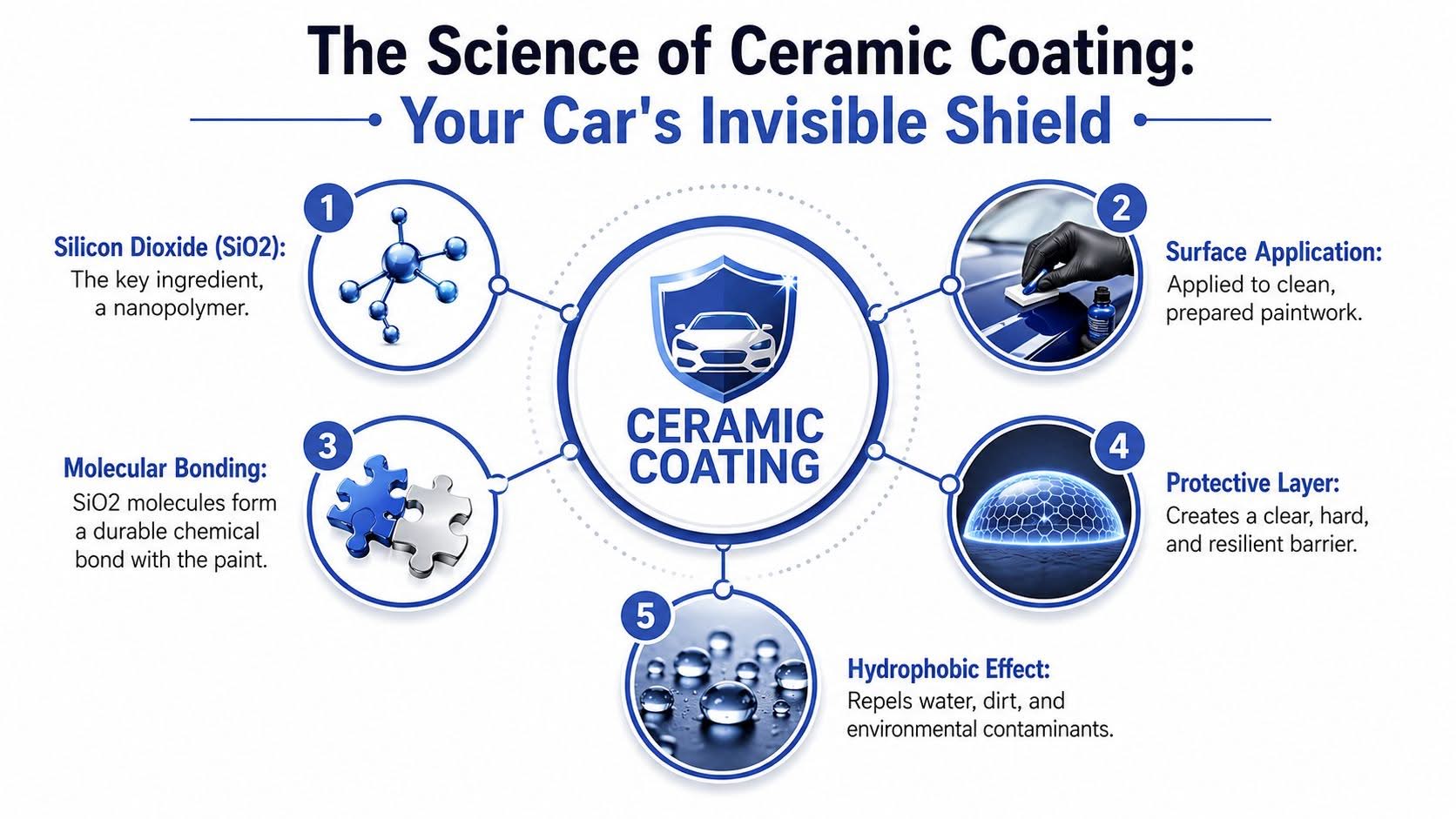 An infographic explaining the scientific process and benefits of ceramic coating applied to car paintwork.