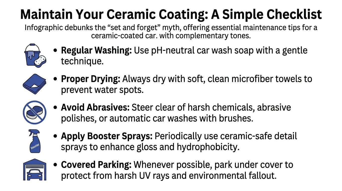 An infographic titled Maintain Your Ceramic Coating listing five essential maintenance tips for ceramic-coated cars.