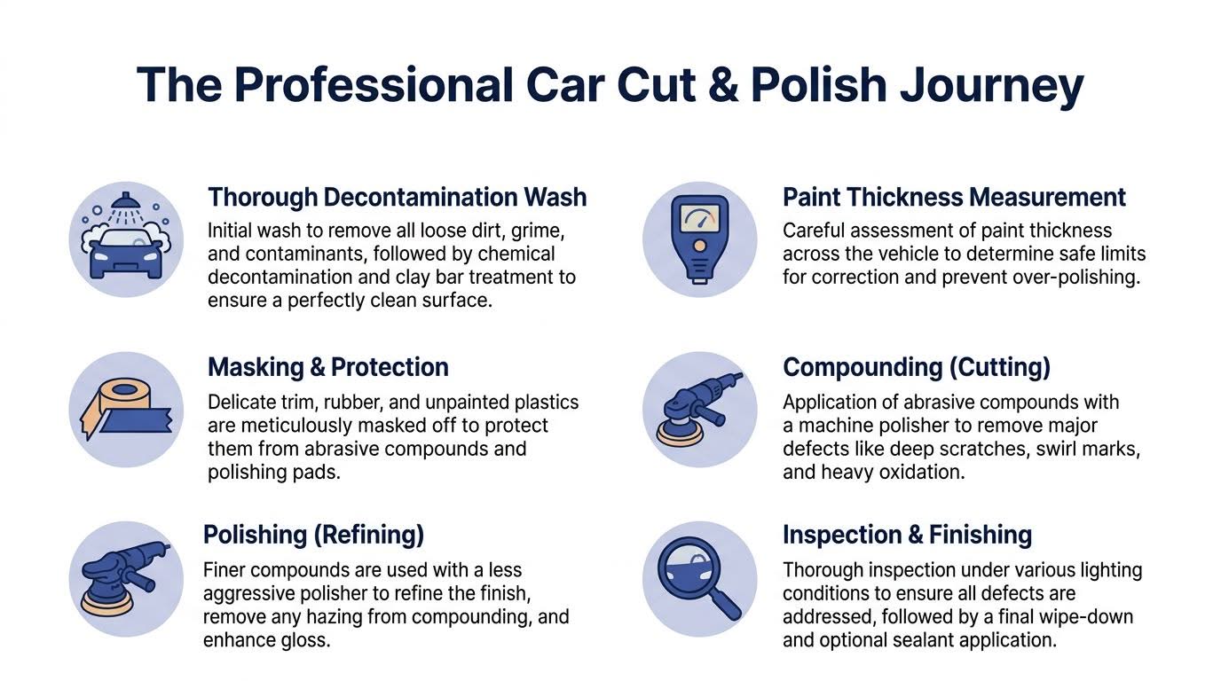 An infographic detailing the six professional steps of a car cut and polish service for vehicles.