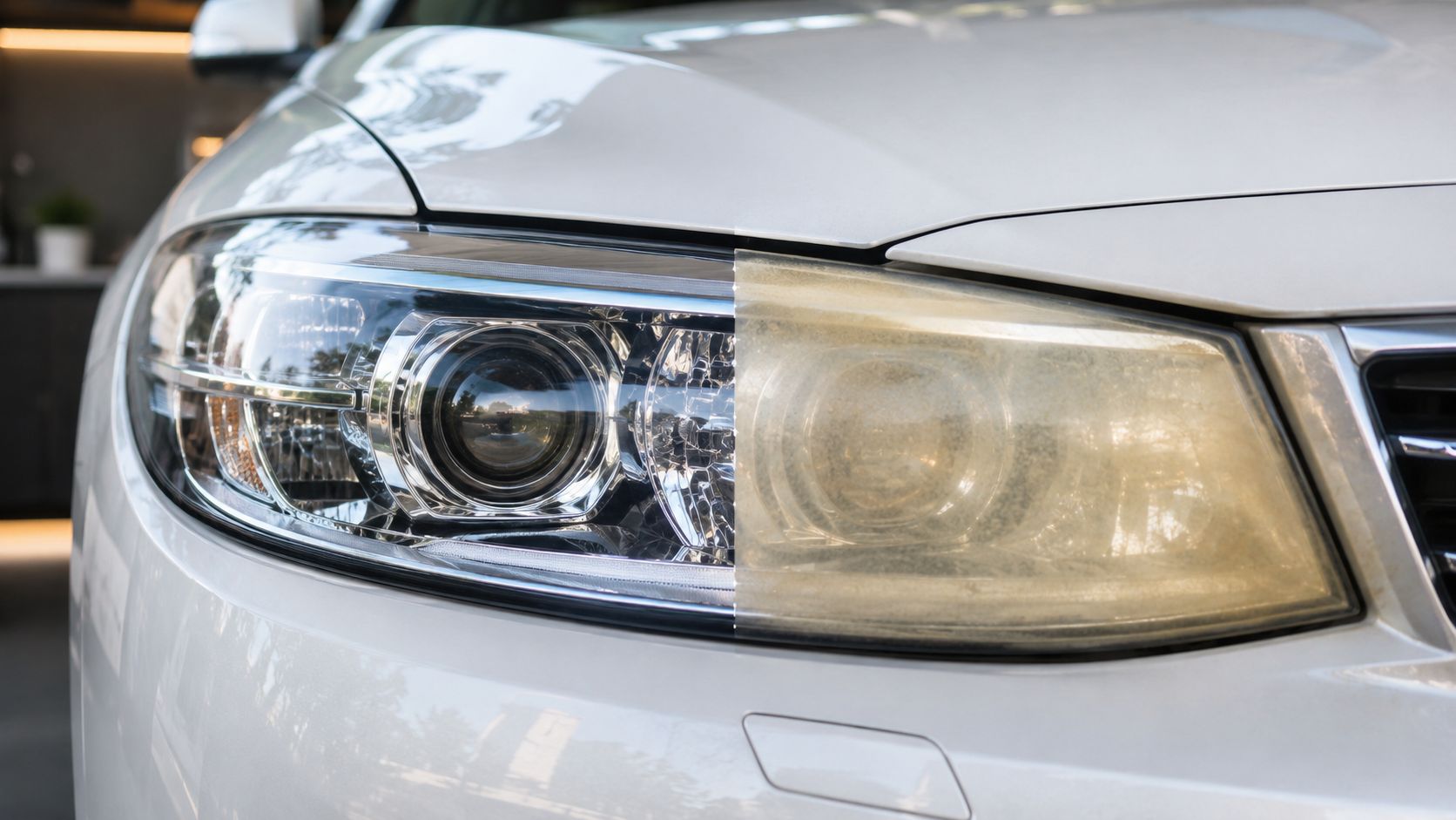 A car headlight half restored to clear condition next to a yellowed, oxidized headlight for comparison.