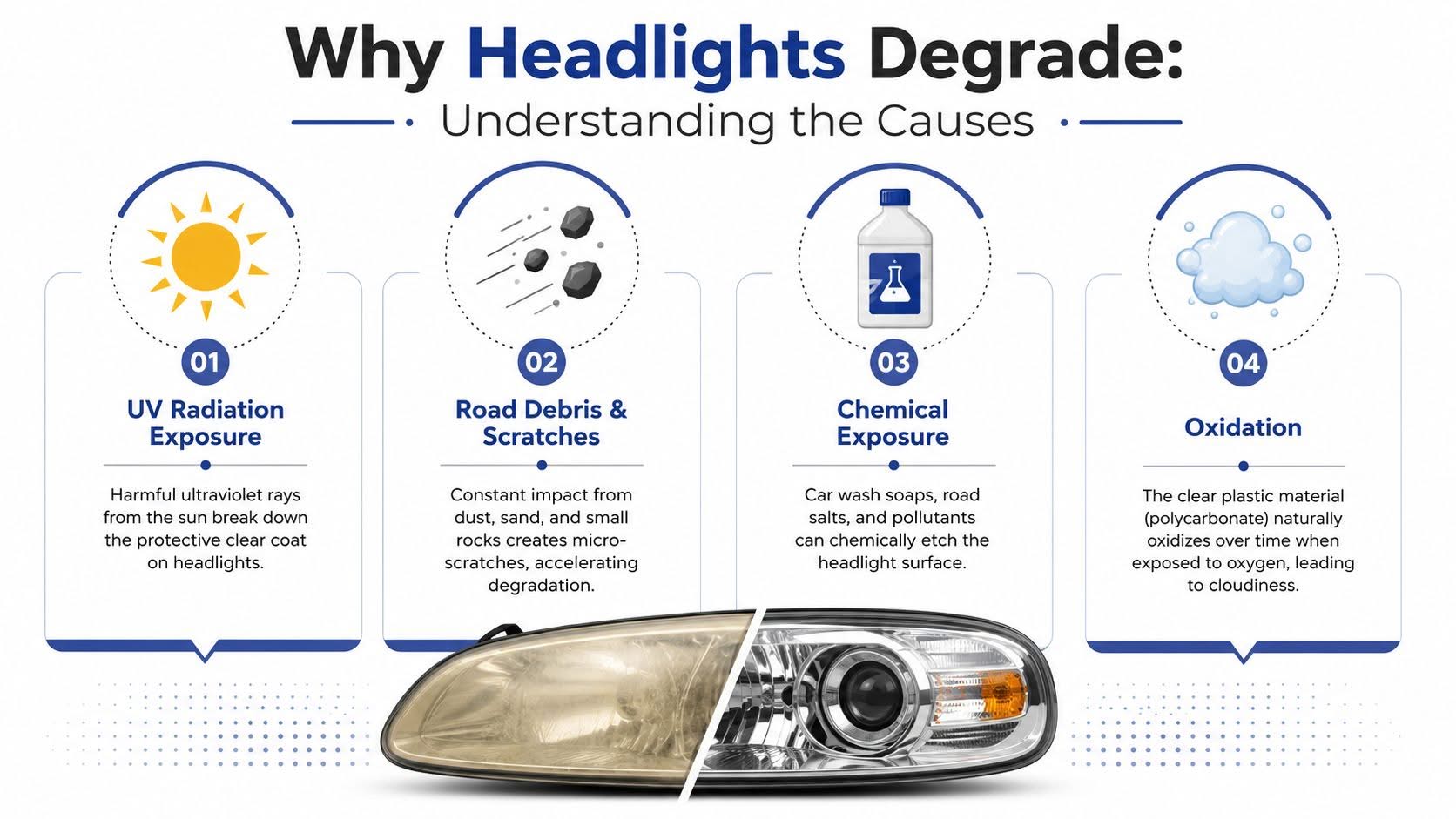 An infographic detailing the four primary causes of car headlight degradation, including UV radiation, debris, chemicals, and oxidation.