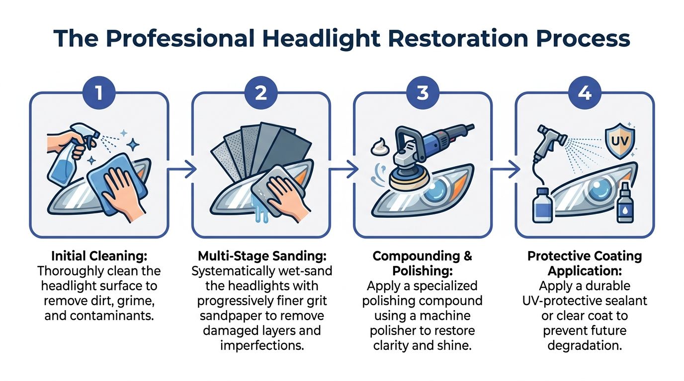 A four-step infographic illustrating the professional car headlight restoration process from cleaning to applying protective coating.