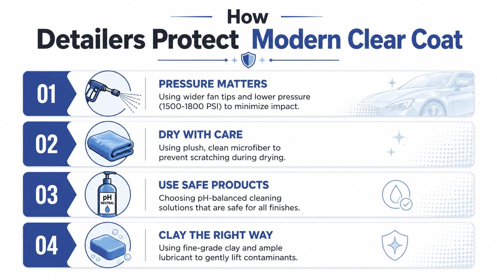An infographic showing four steps for detailers to safely clean and protect modern car clear coat paint.