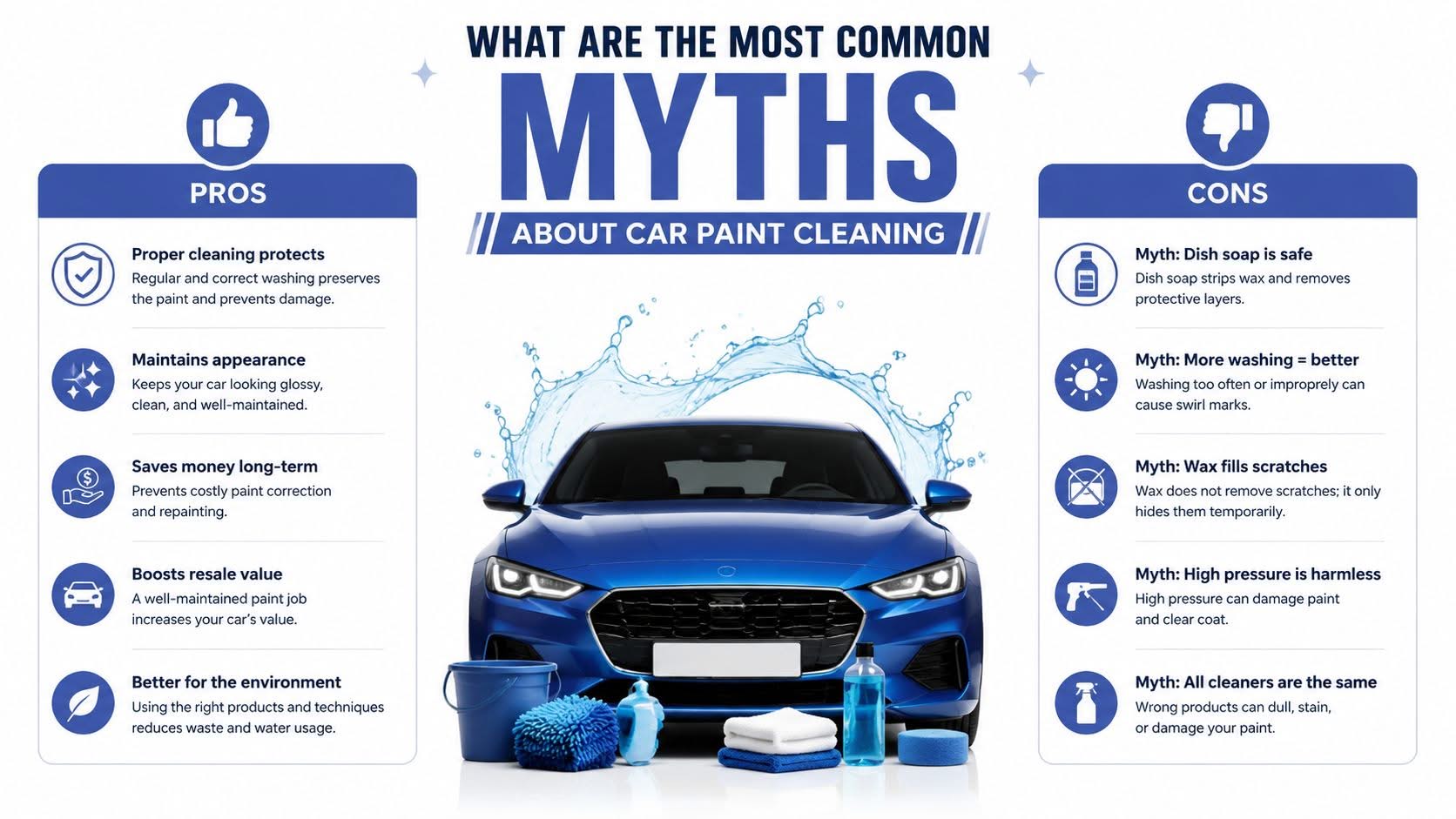 An infographic comparing pros of proper car cleaning and common myths about car paint maintenance.
