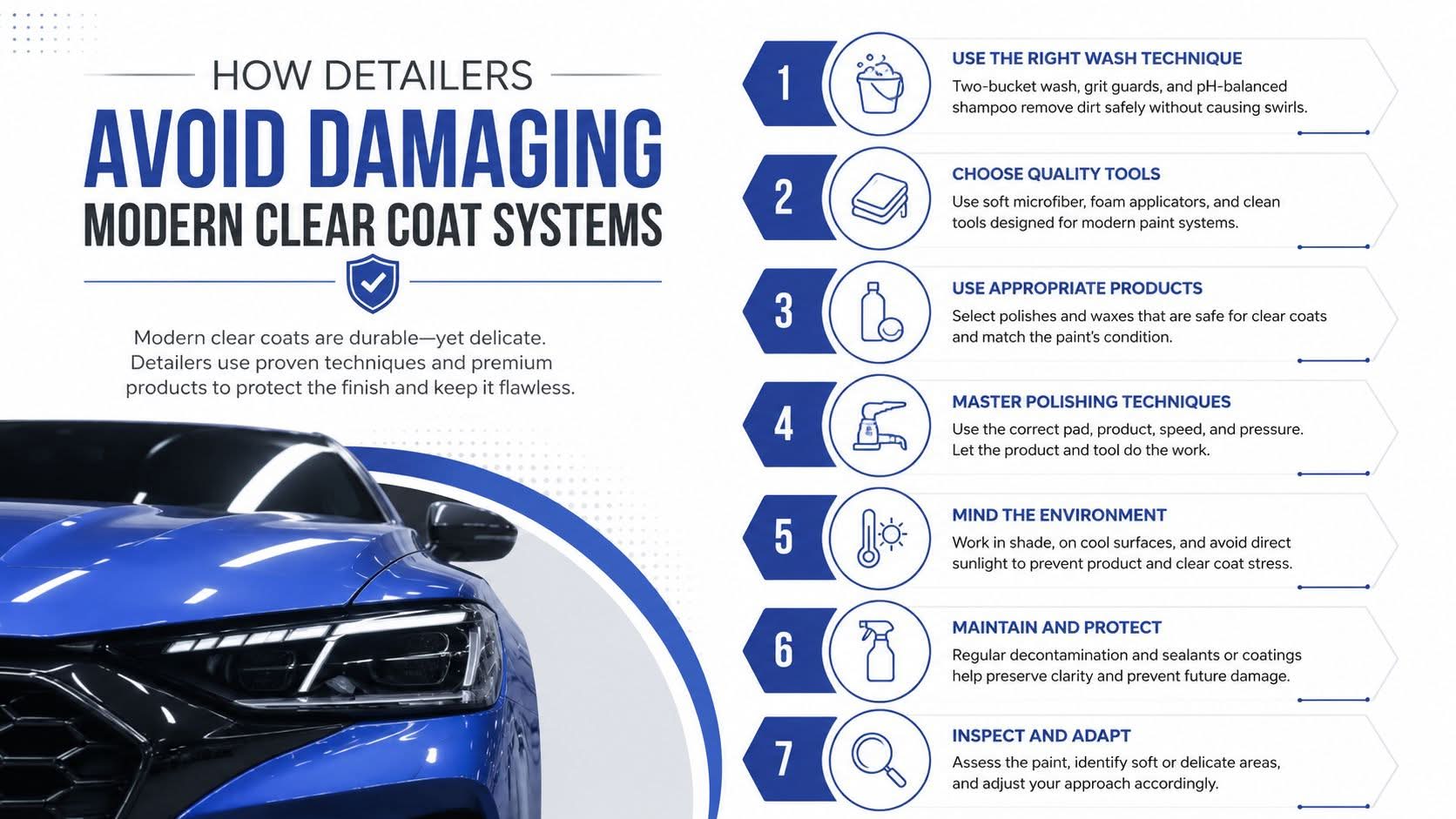 An infographic titled how detailers avoid damaging modern clear coat systems with seven professional car care tips.