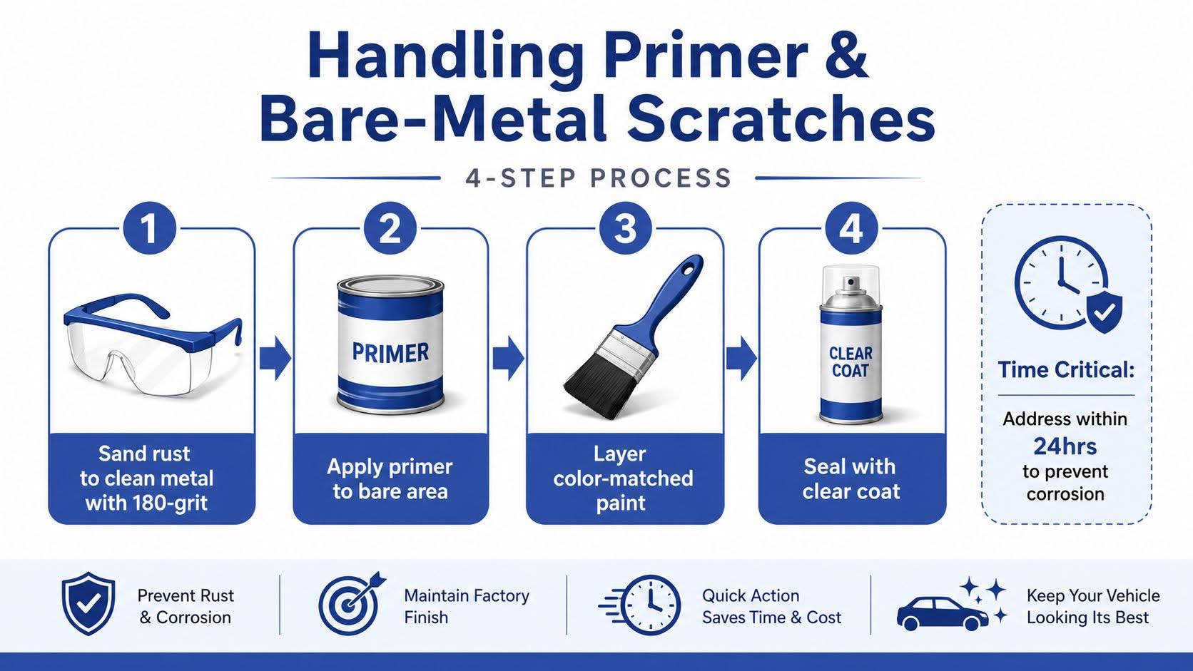 An infographic showing a four-step process for repairing car paint scratches on bare metal surfaces.