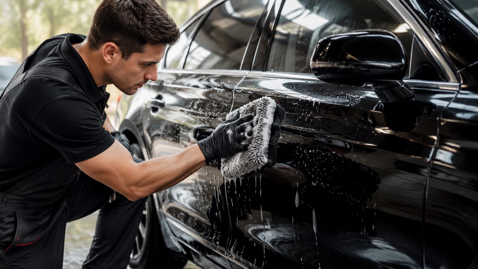 A professional car detailer wearing black gloves carefully hand washing a sleek black luxury sedan vehicle.
