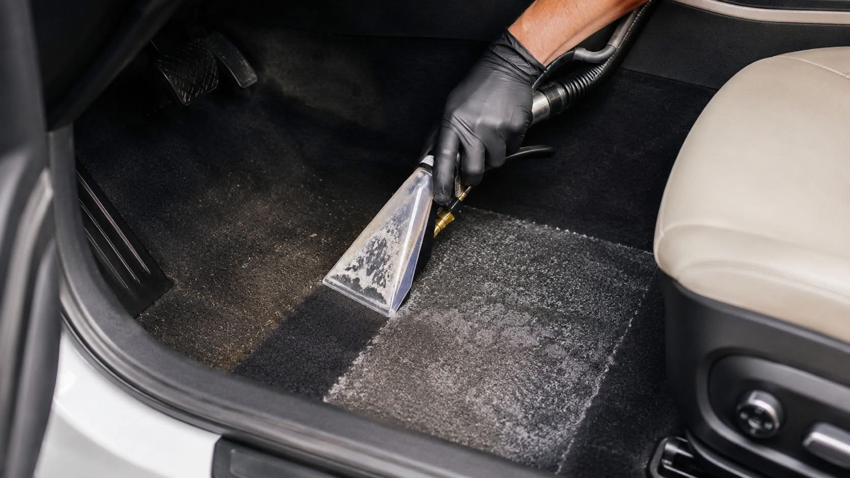 A professional detailer using a handheld extraction vacuum tool to deep clean black car floor carpets.