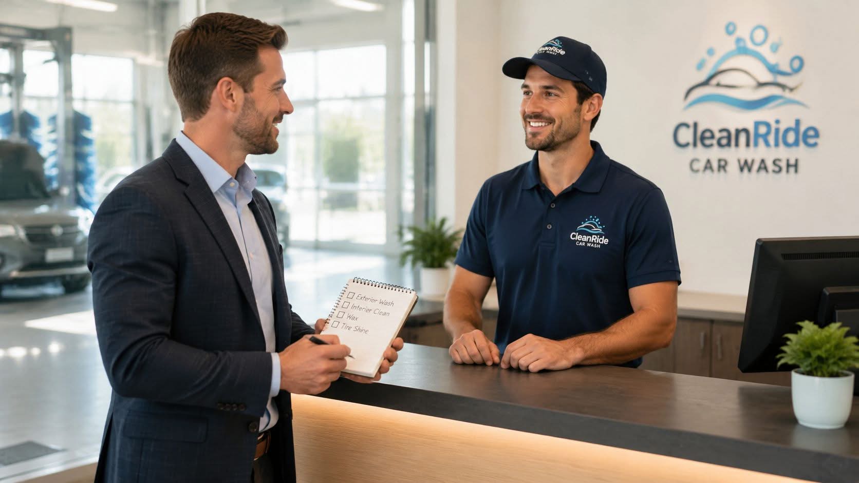 A professional car wash employee talking to a customer at a service desk while holding a checklist.