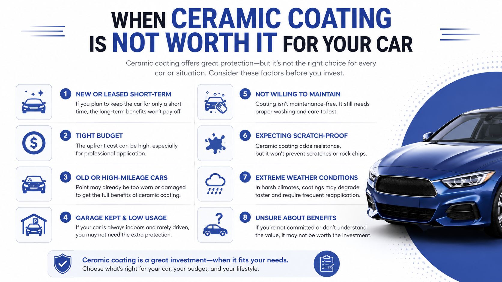 An infographic titled When Ceramic Coating Is Not Worth It For Your Car featuring eight numbered reasons.