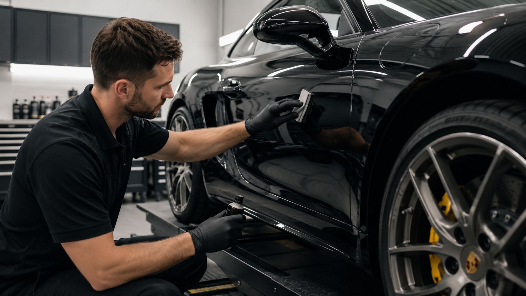 A professional car detailer carefully applies ceramic paint protection coating to a black Porsche vehicle.