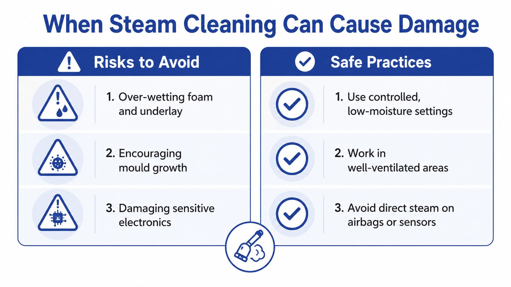 An infographic detailing risks and safe practices when using steam cleaners on car upholstery and interiors.
