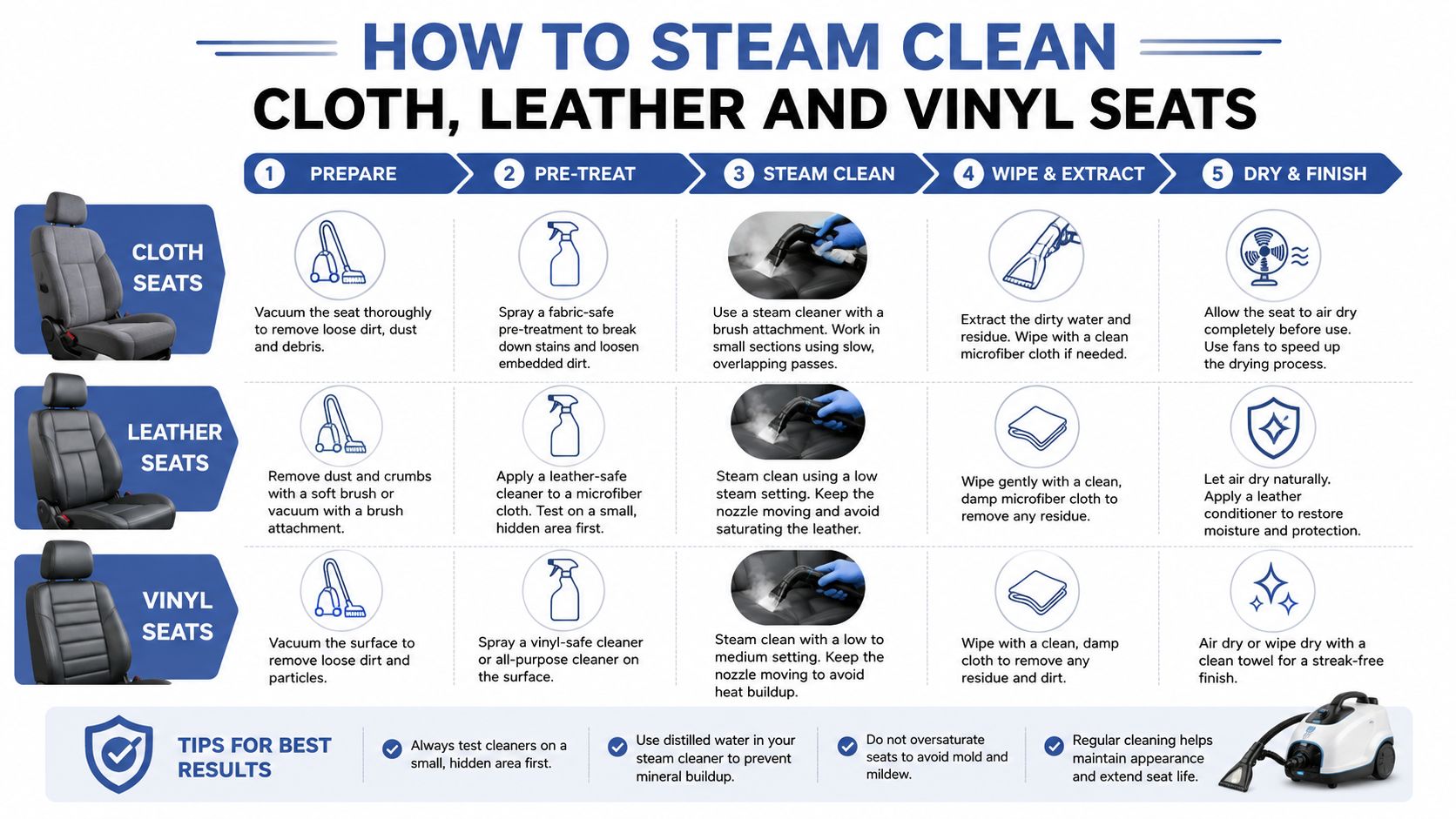 An infographic guide illustrating the five-step steam cleaning process for cloth, leather, and vinyl car seats.