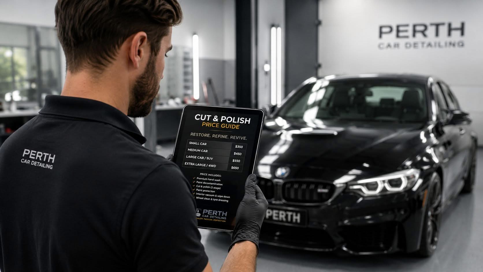A car detailer holding a tablet showing a price guide for a cut and polish service.