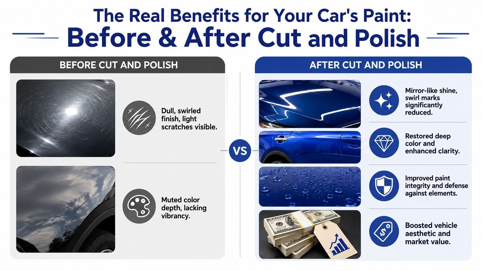 A comparison graphic showing the visual benefits of a car paint cut and polish treatment for vehicle maintenance.