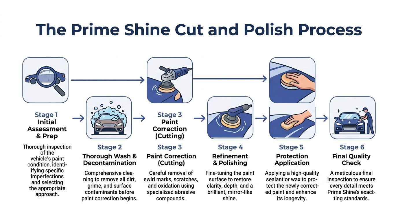 A six-stage professional car cut and polish process infographic showing cleaning, paint correction, and final inspection steps.