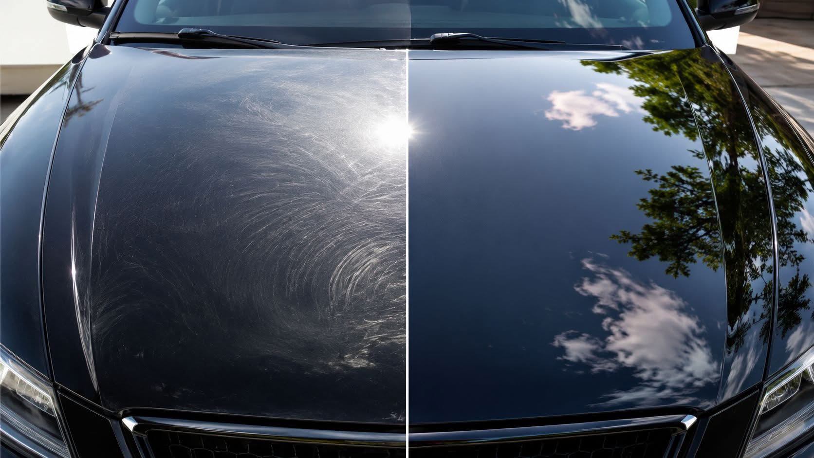 A split screen image showing the dramatic before and after results of a professional car paint correction.
