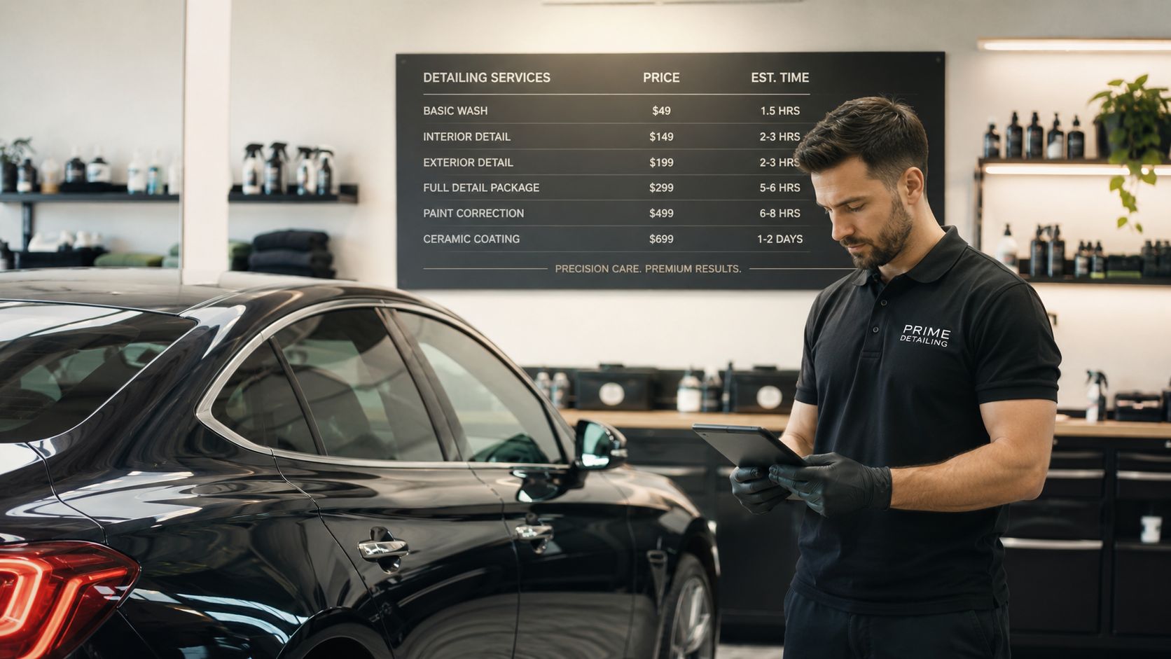 A professional car detailer wearing gloves reviews digital data on a tablet inside a clean auto shop.