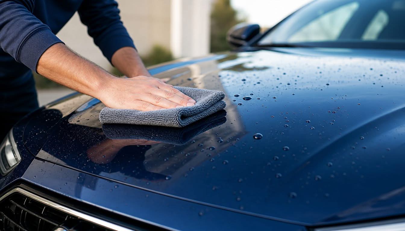 A person uses a grey microfiber cloth to wipe water droplets off a dark blue car hood.