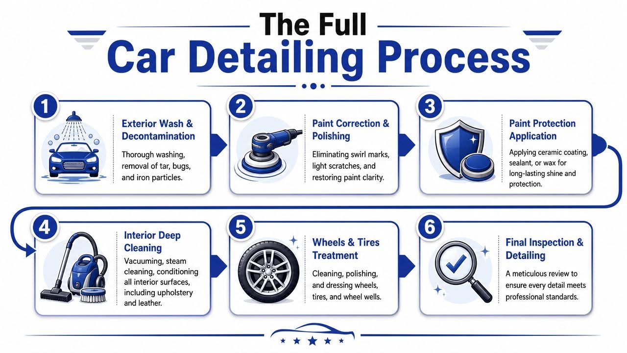 An infographic showing the six steps of the full car detailing process from exterior wash to inspection.