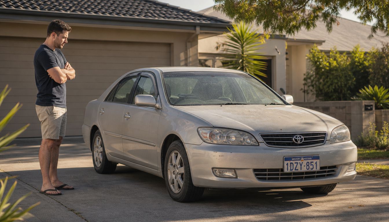 A man standing in his driveway with his arms crossed, looking at his dusty silver sedan car.