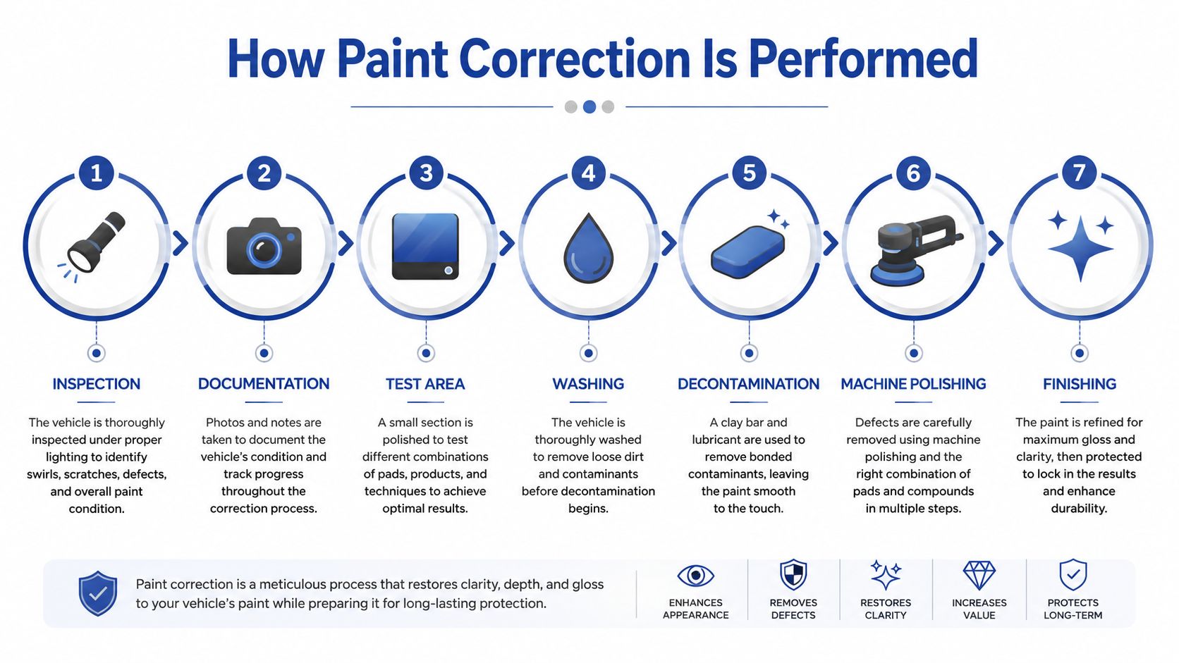 A seven-step infographic showing the detailed process of professional vehicle paint correction from inspection to finishing.