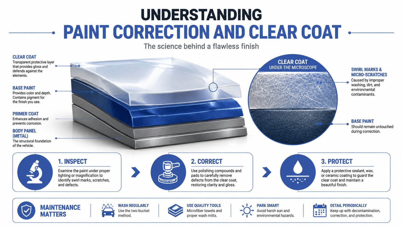 A detailed infographic explaining vehicle paint layers, the process of paint correction, and car maintenance tips.