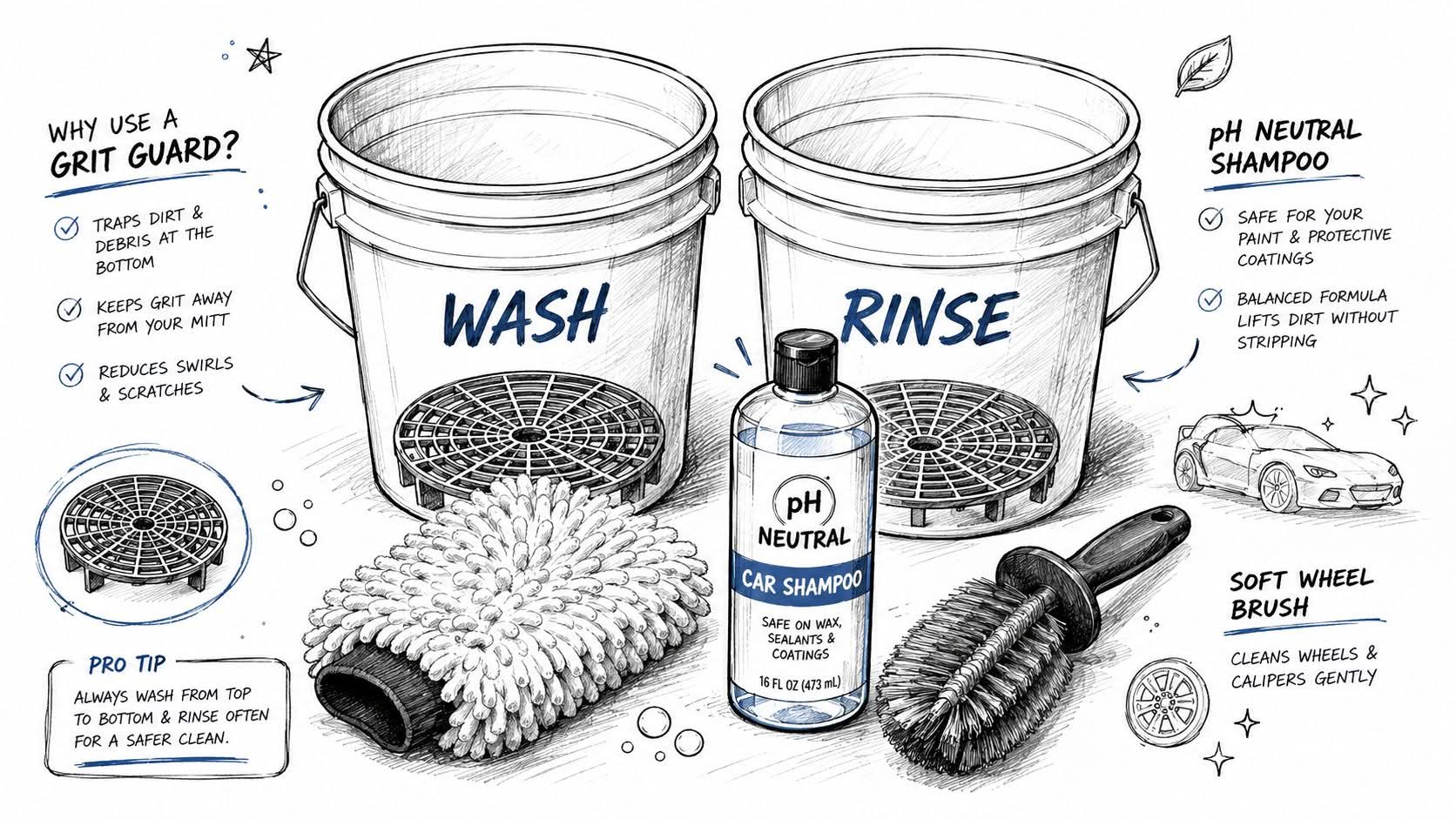 A hand-drawn illustration showing the two-bucket car wash method with grit guards, car shampoo, and brushes.