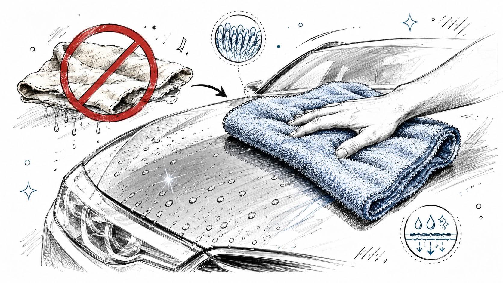 A hand using a plush blue microfiber towel to dry and polish a car hood properly.