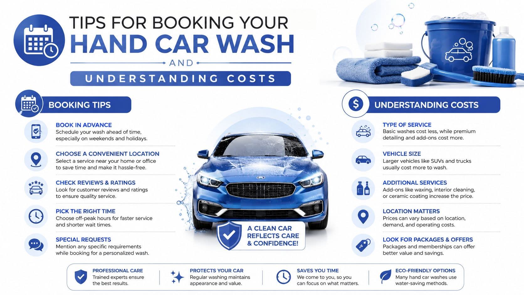 An infographic detailing tips for booking a hand car wash service and understanding the associated costs.