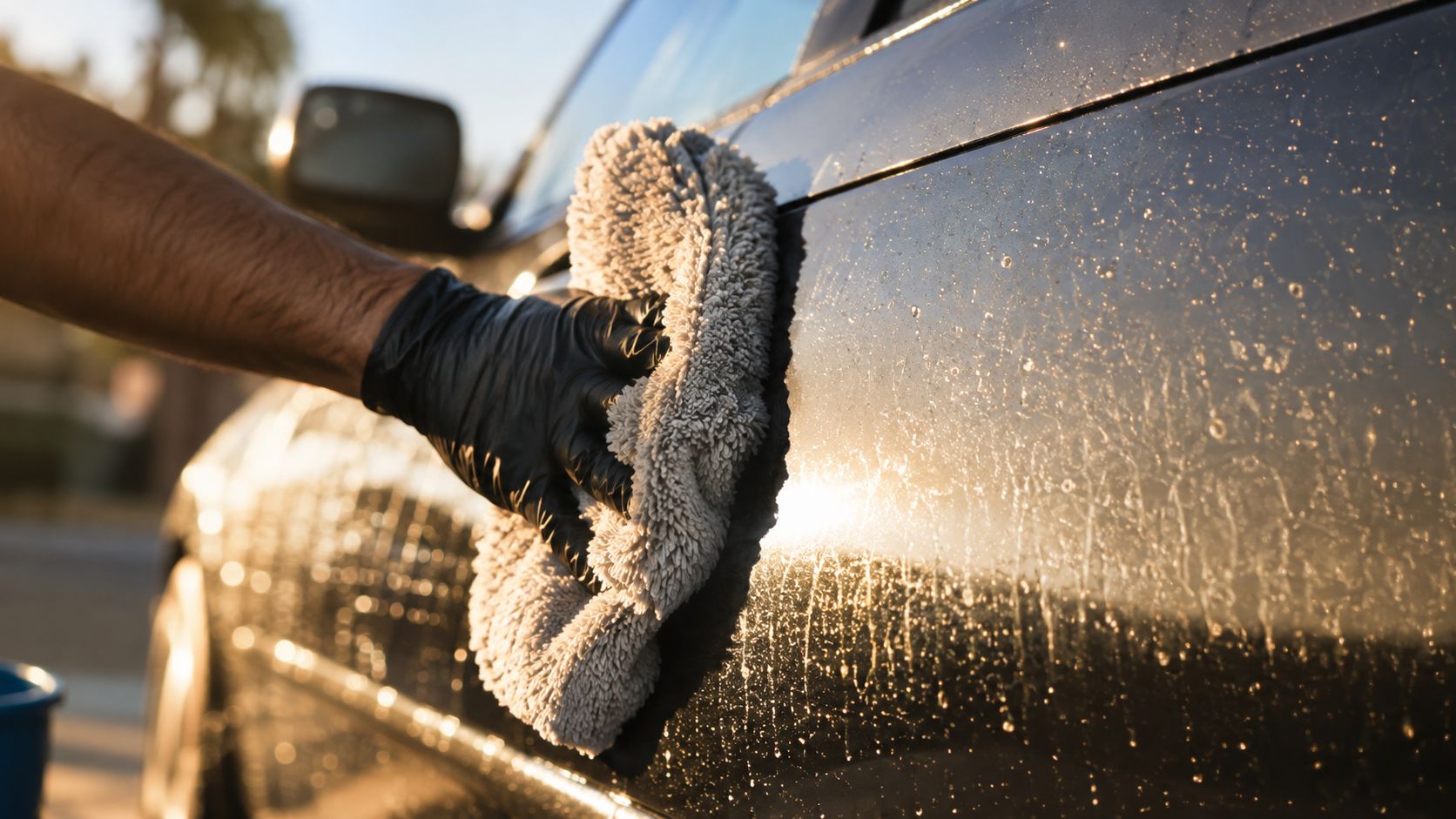A gloved hand uses a microfiber towel to carefully wipe down the clean surface of a car.