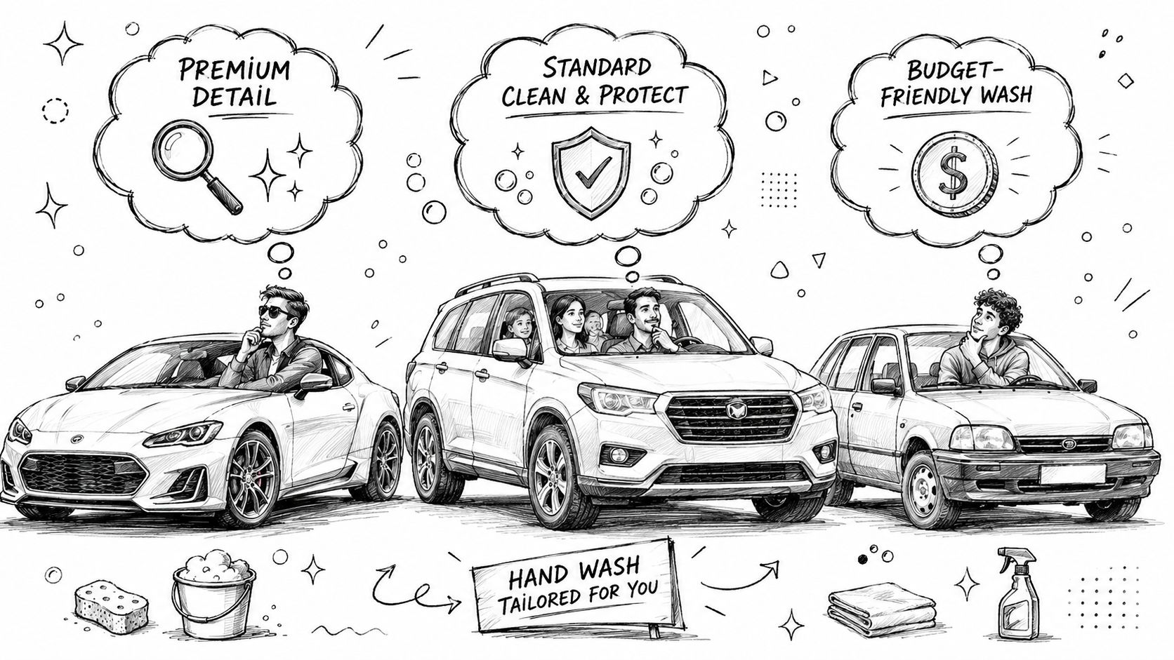A hand-drawn illustration showing three different drivers considering various car wash service packages for their vehicles.