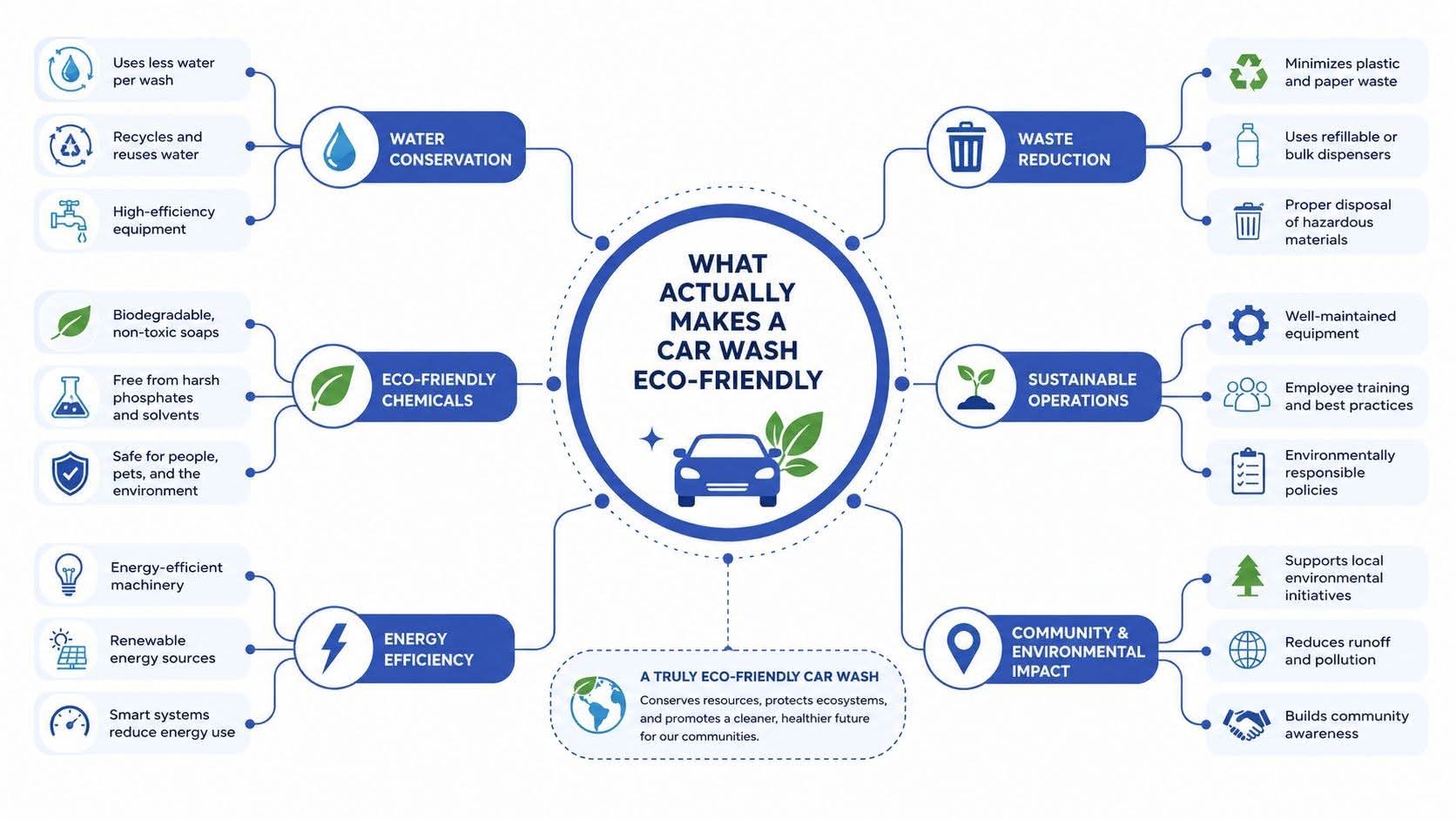 An infographic titled What Actually Makes a Car Wash Eco-Friendly, illustrating sustainable practices and environmental benefits.
