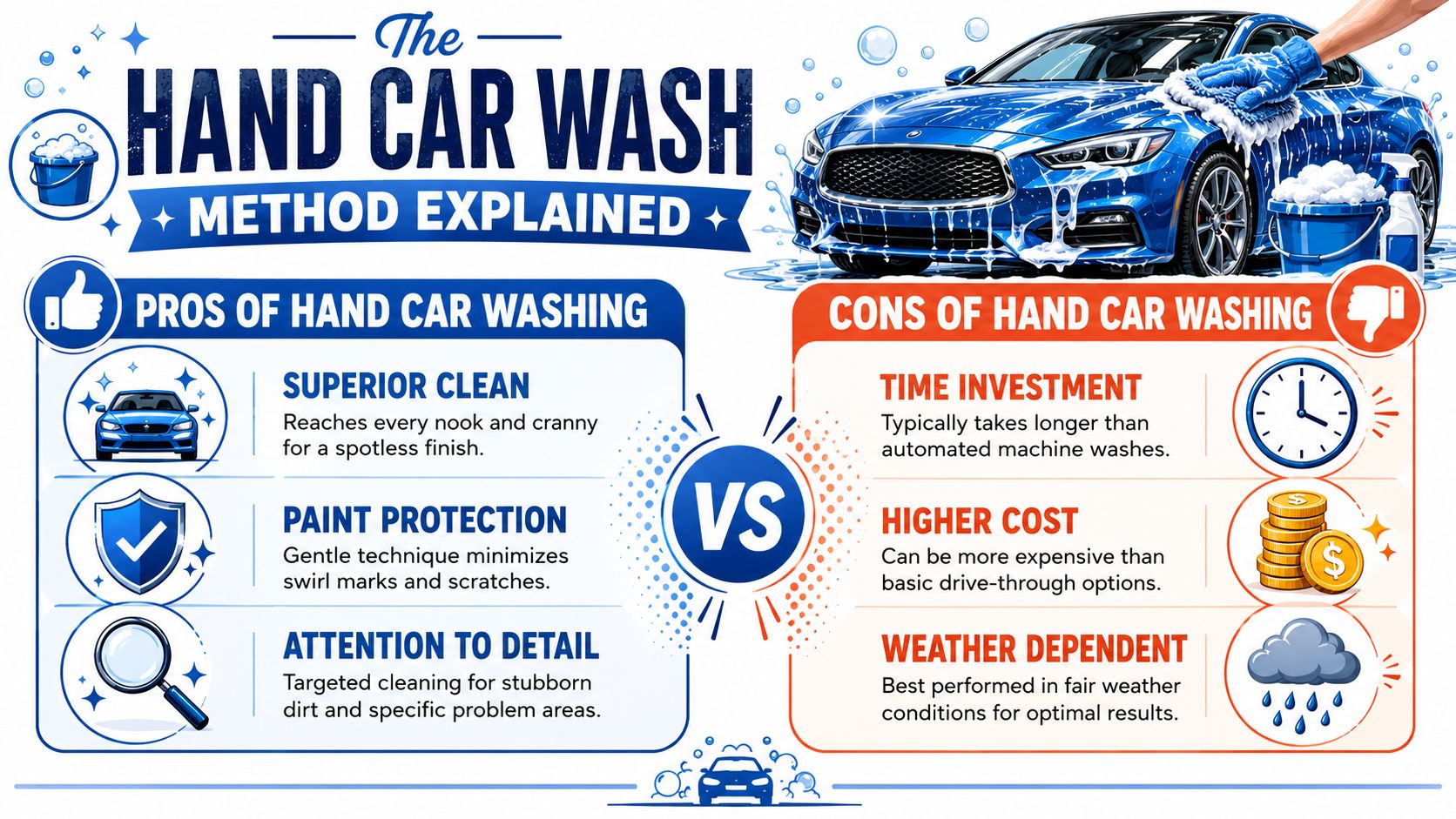 An infographic comparing the pros and cons of cleaning a car by hand versus automated washing.