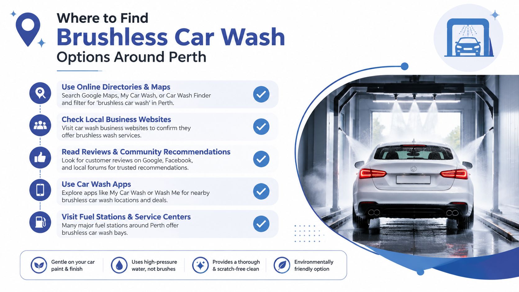 An infographic showing five tips for finding brushless car wash locations in Perth, featuring a car being washed.