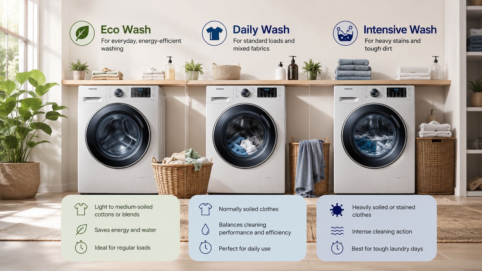 Three Samsung washing machines in a laundry room, highlighting Eco, Daily, and Intensive wash cycle modes for different loads.