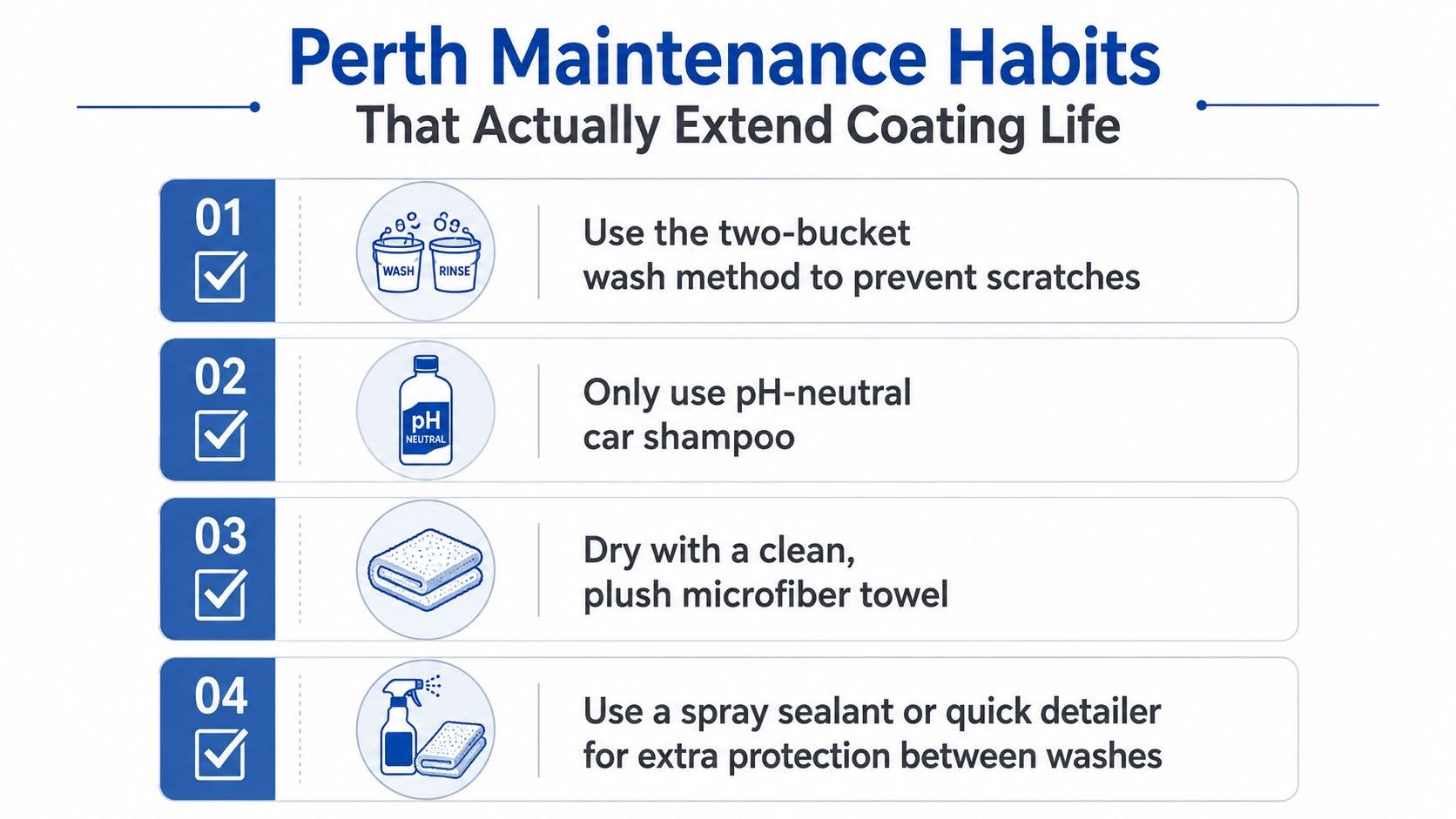 An infographic showing four maintenance tips to extend the life of car paint coatings in Perth.