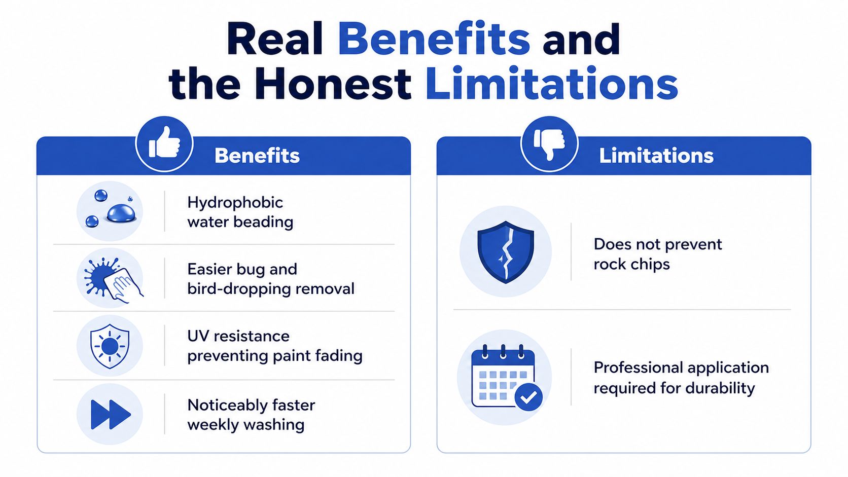 A comparison chart showing the benefits and limitations of ceramic coating for vehicle paint protection services.