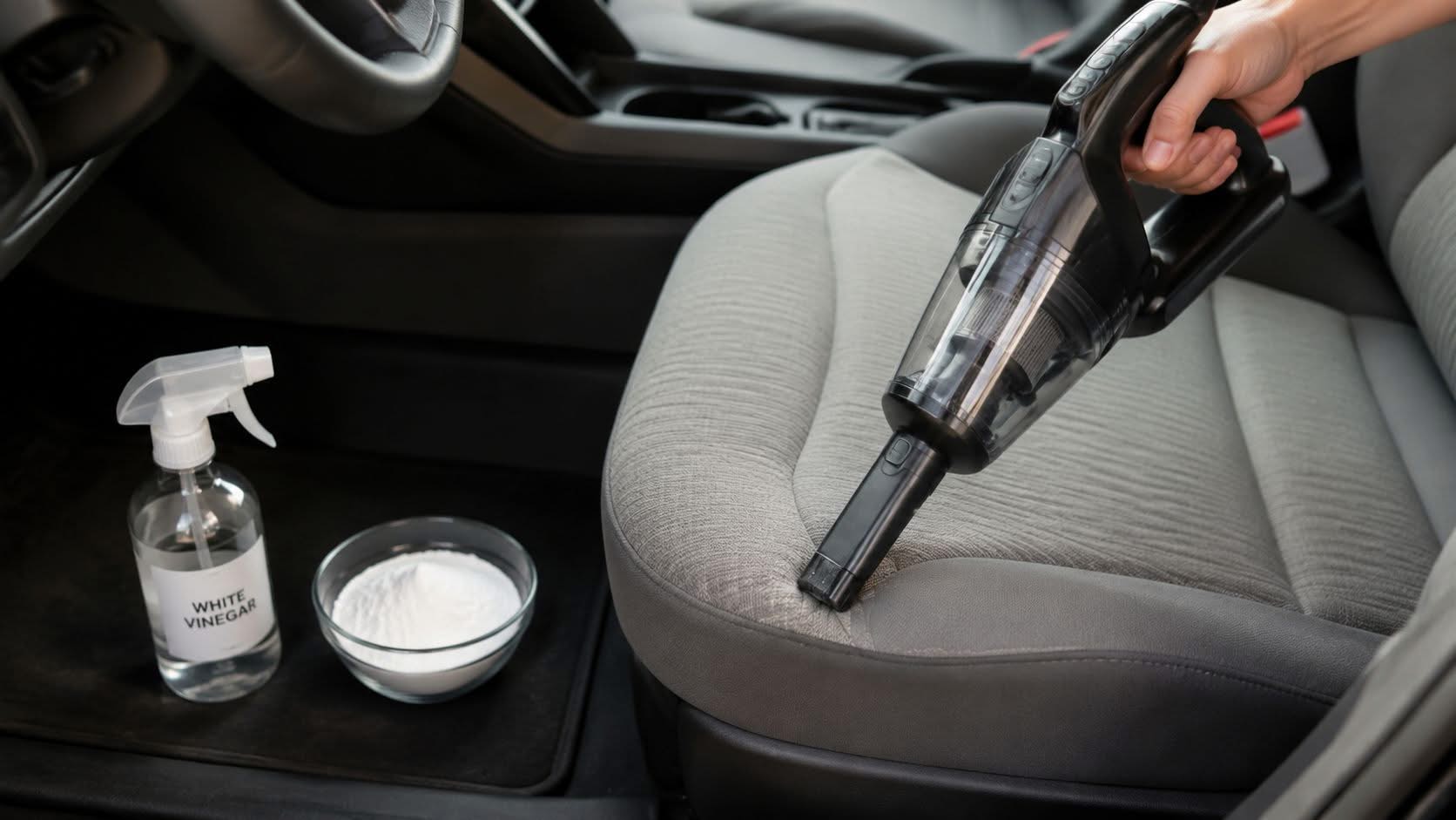 A hand using a handheld vacuum cleaner to clean the fabric upholstery of a car seat.