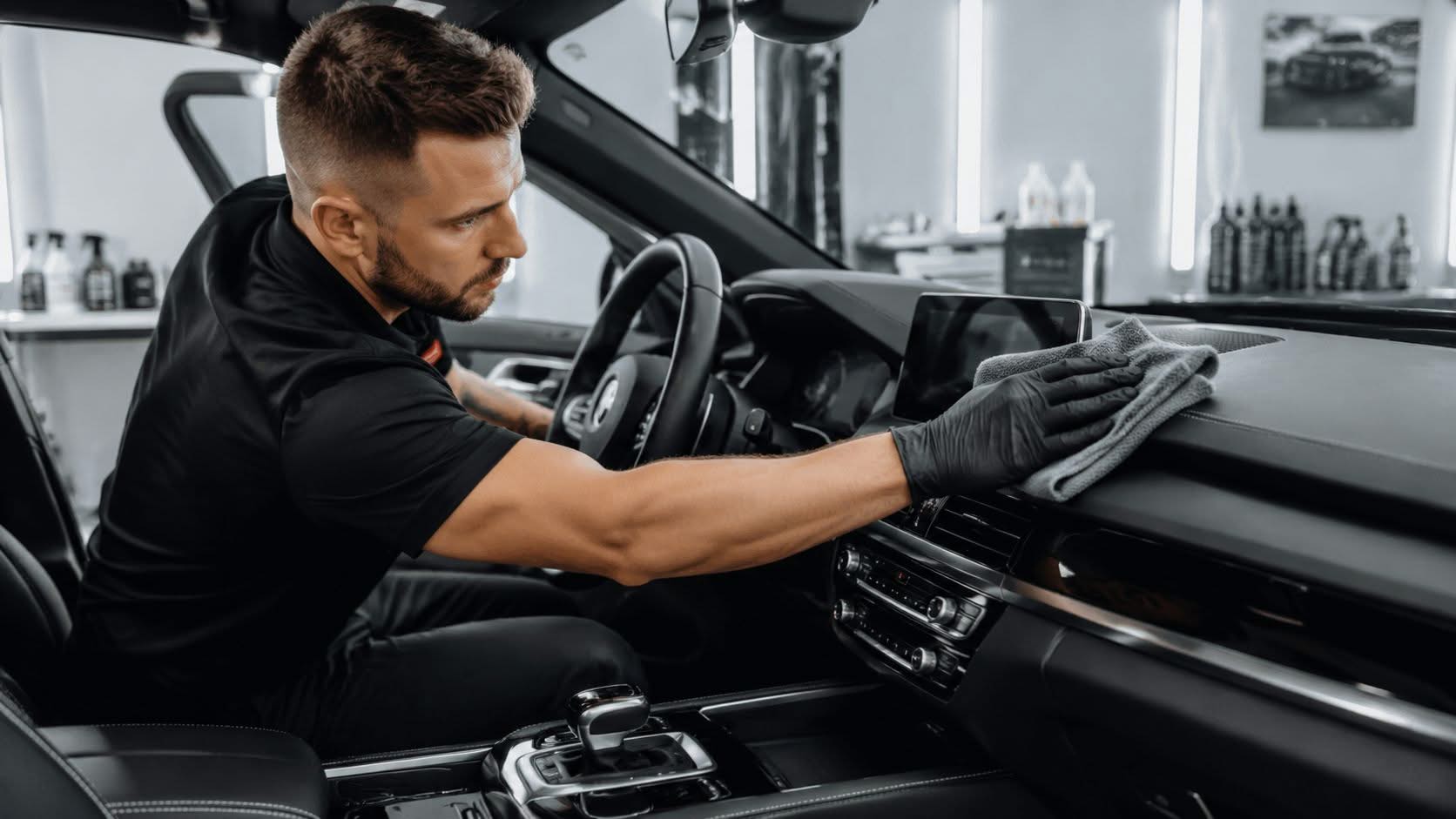 A professional car detailer wearing black gloves cleaning the interior dashboard of a luxury vehicle with a cloth.
