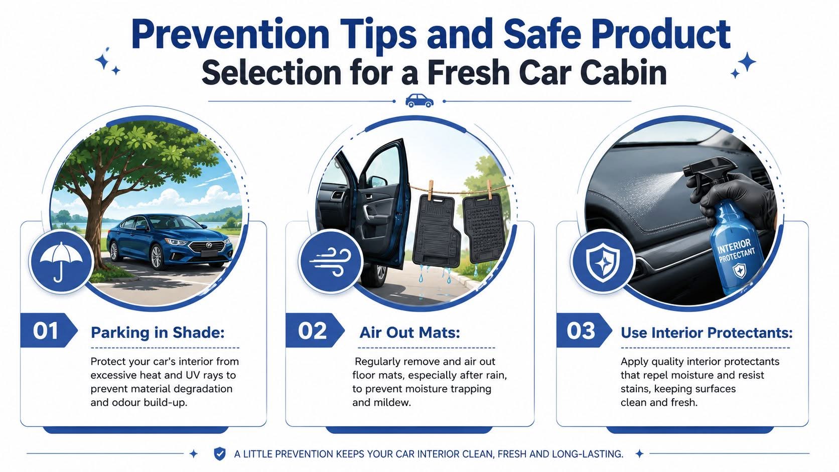 A infographic showing three tips to maintain a fresh car cabin including parking in shade and cleaning mats.