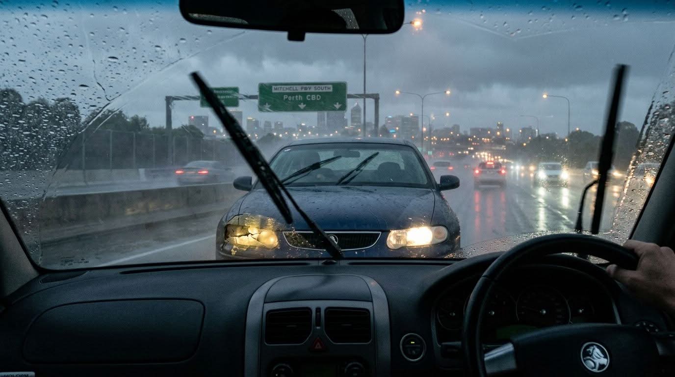 A driver view through a rainy windshield showing a blue car with a broken headlight on the highway.