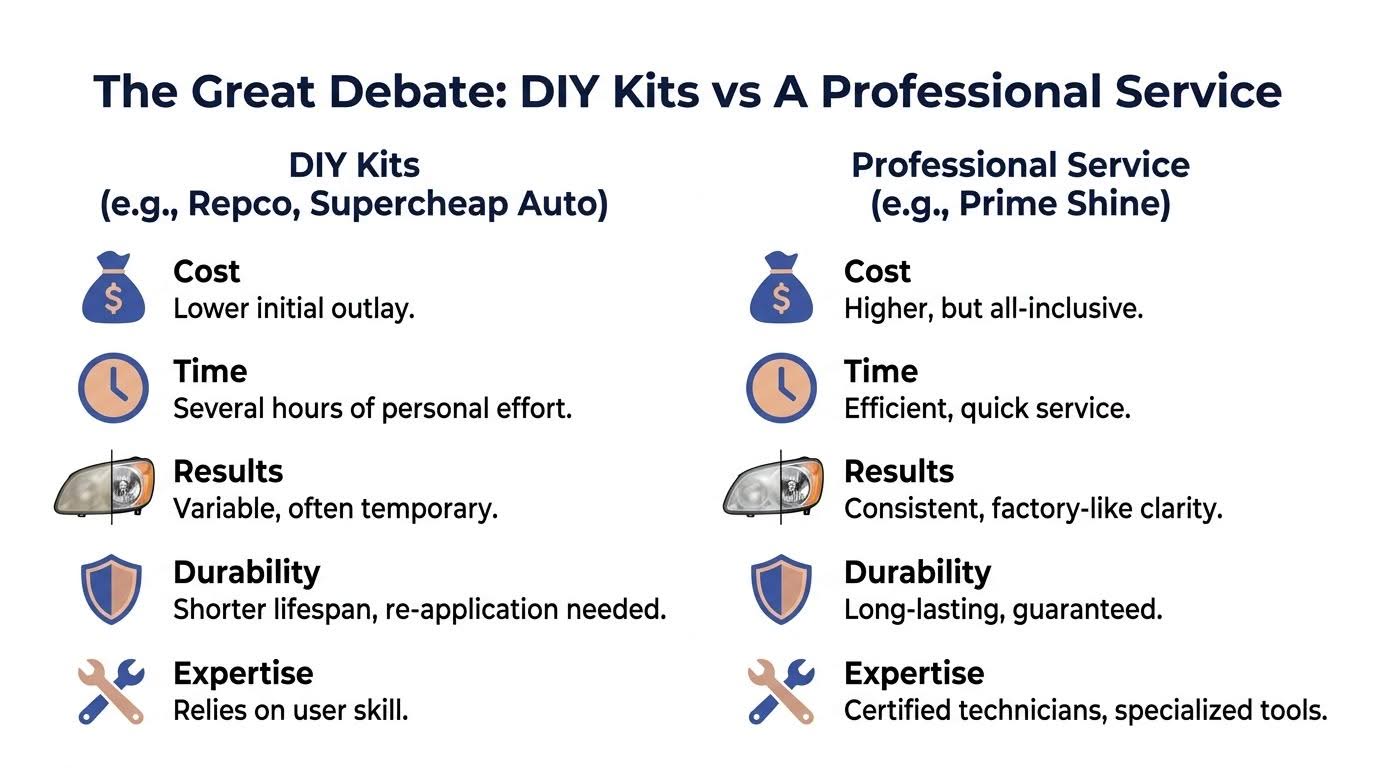 A comparison chart highlighting the pros and cons of DIY headlight restoration kits versus professional services.