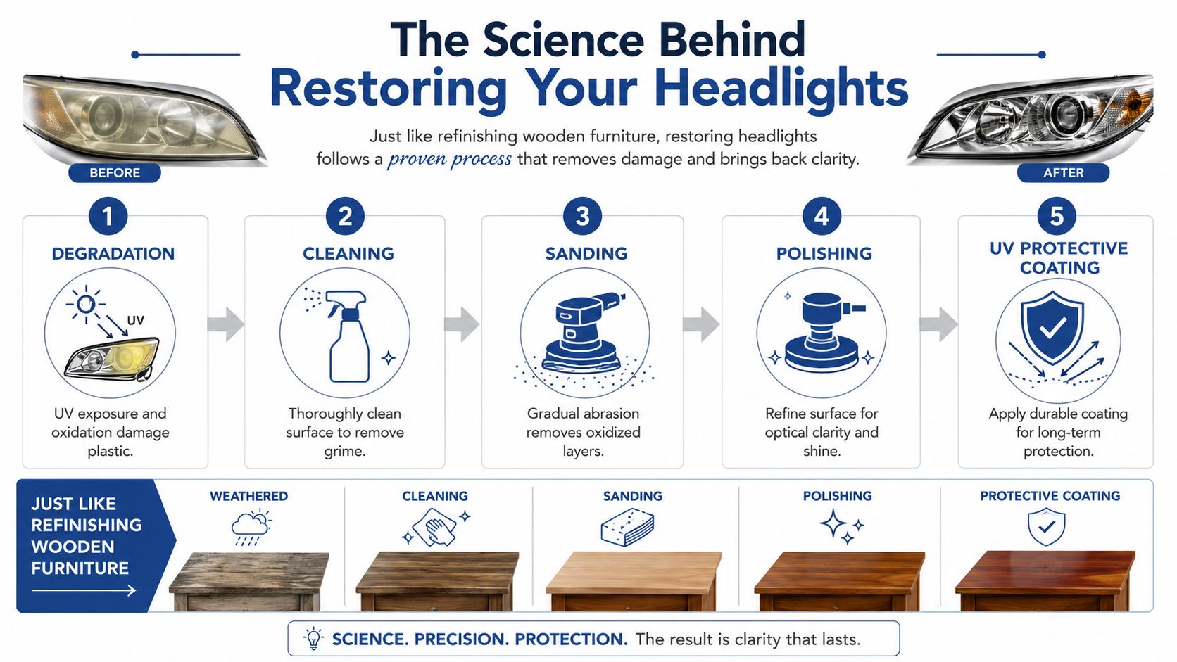 An infographic detailing the five-step scientific process for restoring clarity to oxidized, yellowed vehicle headlights.