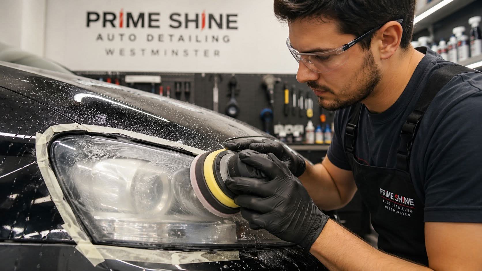 A professional technician carefully restoring a car headlight using a power buffer in a detailing shop.